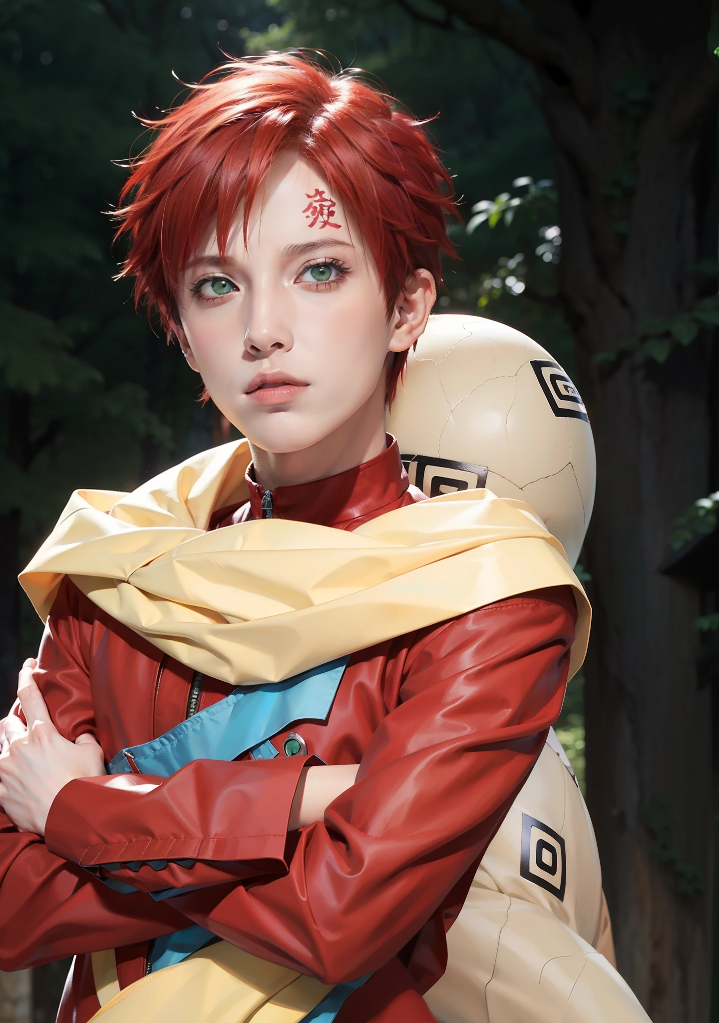 Anime cosplay of a woman with red hair and a yellow cape - SeaArt AI