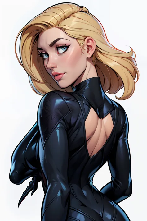 A cartoon of a blonde woman in a black widow suit, (((whole body view))), (((corpo inteiro: 0.6))), (((Backview))), (((SEM OLHAR...
