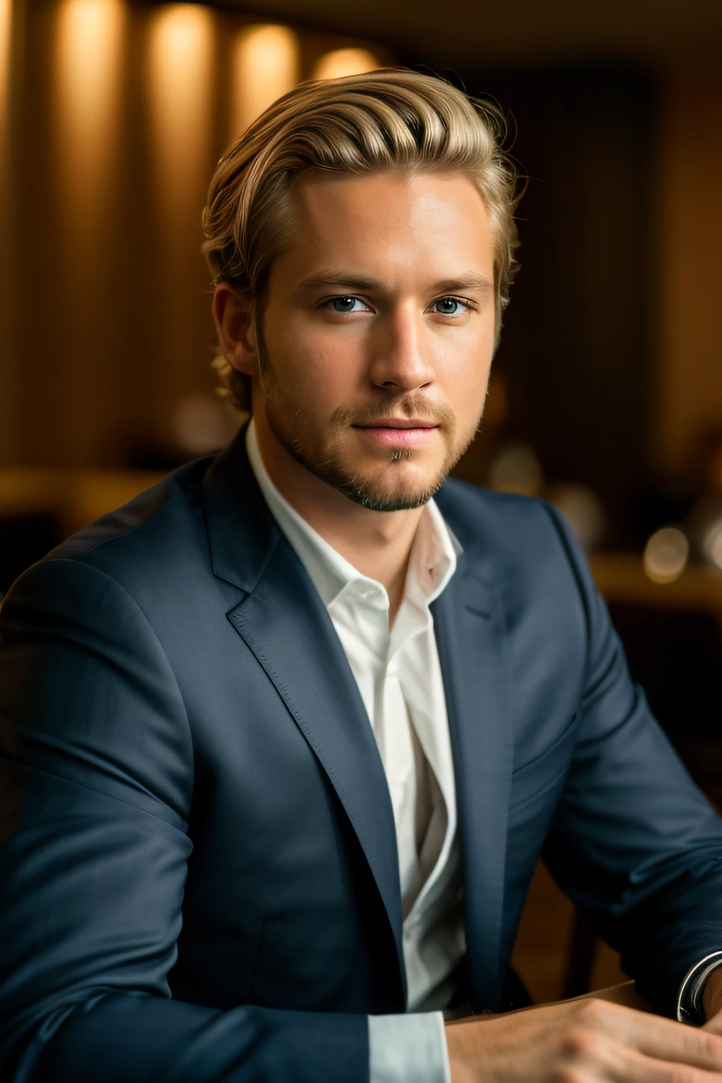 blonde guy wearing a suit (sitting inside a modern restaurant at night), very detailed, 35 years old, natural wave hair, blue eyes, facial hair, high-res, masterpiece, best quality, intricate details, highly detailed, sharp focus, detailed skin, realistic skin texture, texture, detailed eyes, professional, 4k, shot on Canon, 85mm,shallow depth of field, Kodak vision color, perfect fit body, extremely detailed, photo_\(ultra\), photorealistic, realistic, post-processing, max detail, roughness, real life, ultra realistic, photorealism, photography, 8k uhd, photography (film grain) medium shot atmospheric dark lighting