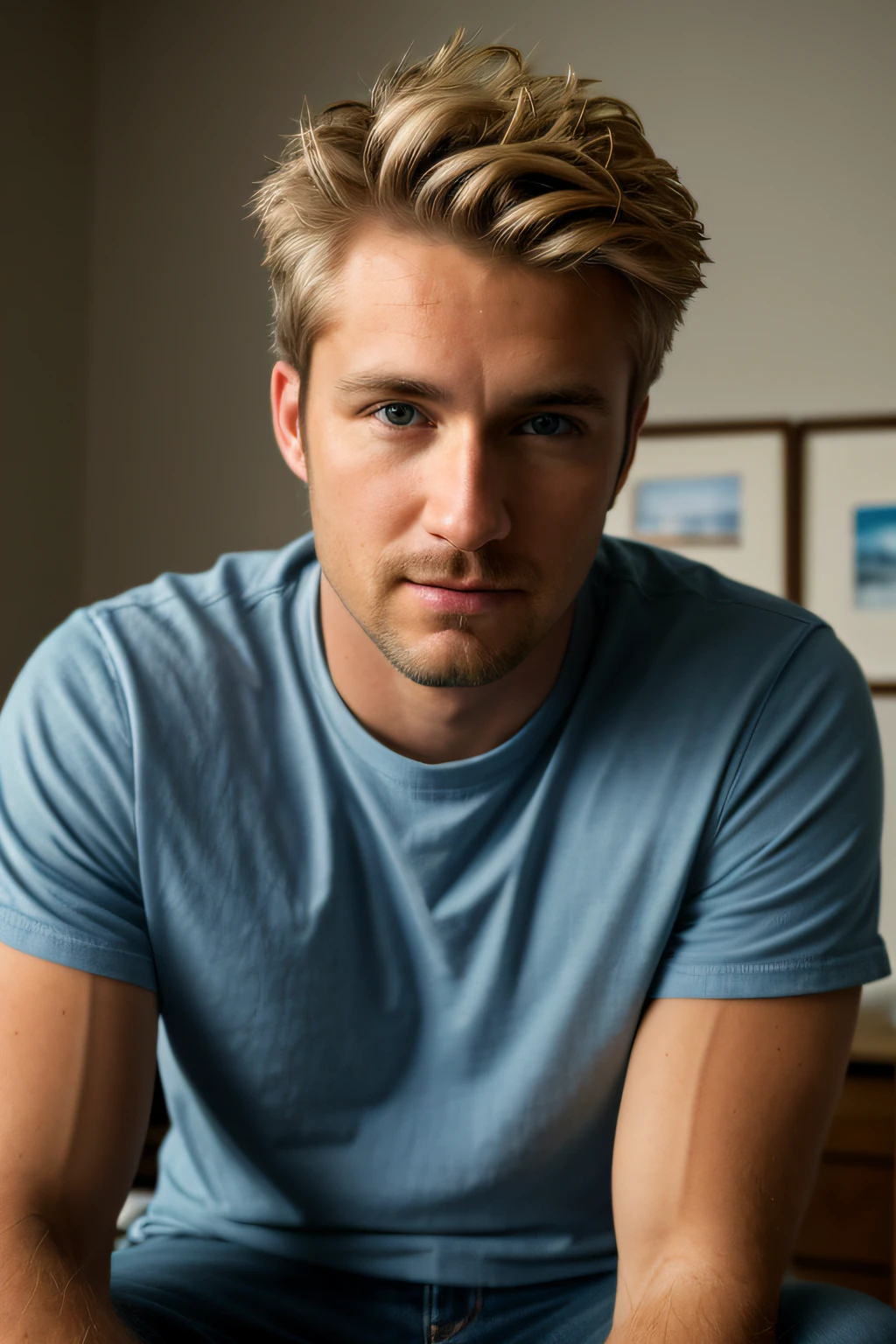 blonde guy wearing a t-shirt and jeans (at work), very detailed, 35 years old, short messy hair, blue eyes, facial hair, high-res, masterpiece, best quality, intricate details, highly detailed, sharp focus, detailed skin, realistic skin texture, texture, detailed eyes, professional, 4k, shot on Canon, 85mm,shallow depth of field, Kodak vision color, perfect fit body, extremely detailed, photo_\(ultra\), photorealistic, realistic, post-processing, max detail, roughness, real life, ultra realistic, photorealism, photography, 8k uhd, photography (film grain) medium shot atmospheric dark lighting