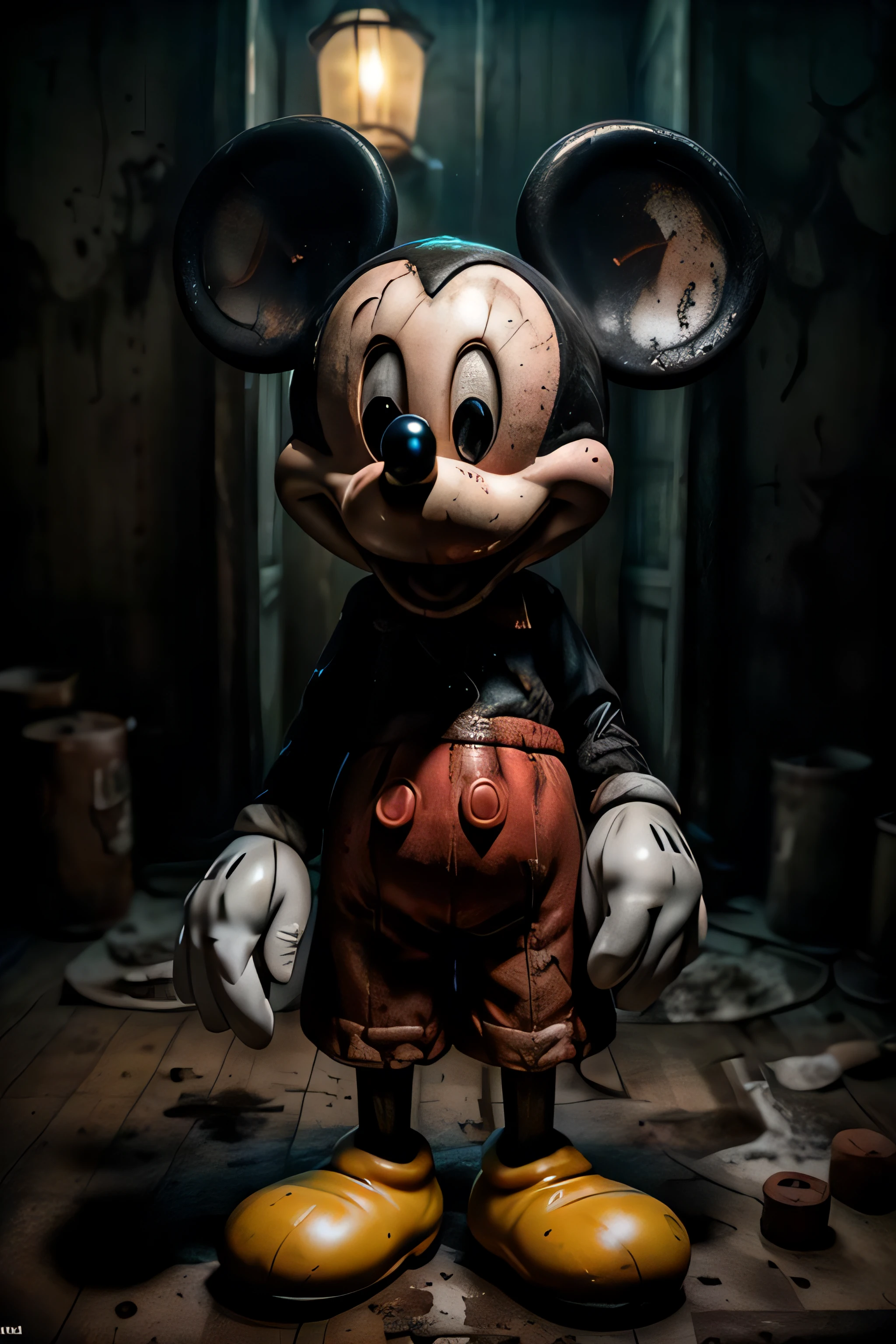 Mickey mouse in a dark room with a light on - SeaArt AI