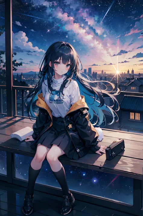 octans, sky, star (sky), scenery, starry sky, night, 1girl, night sky, solo, outdoors, building, cloud, milky way, sitting, tree, long hair, city, silhouette, cityscape, looking at sky, 8k, beautiful night sky, ray tracing, masterpiece, cute face