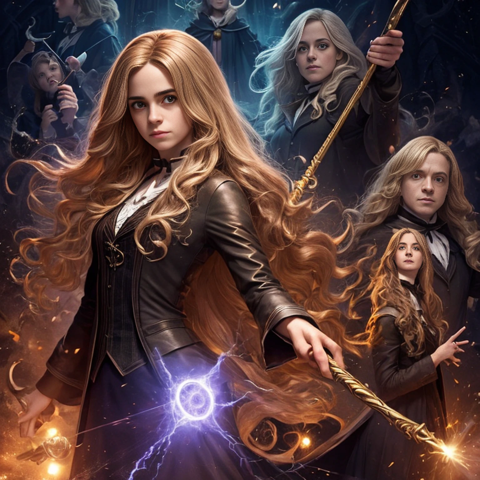 Hermione Granger, em hogwarts, efeitos de magia, magic wand in hand, Espectro do patrono, super detalhado, realista, fantasia