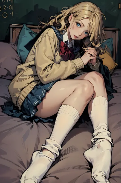 (masterpiece),sexy:1.2,solo,girl,(wavy hair,blonde hair),
(school uniform:1.2),baggy socks,