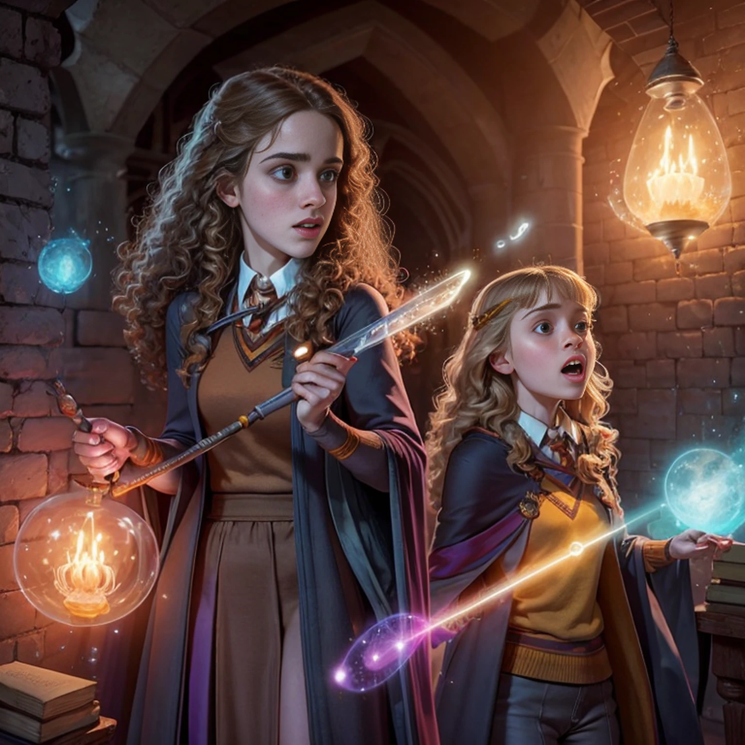 Hermione Granger, em hogwarts, efeitos de magia, magic wand in hand, Espectro do patrono, super detalhado, realista, fantasia