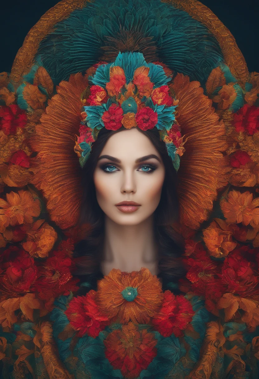 A woman with a colorful headpiece and flowers in her hair - SeaArt AI