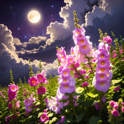 Flower, Malva flower, grass, fog, night, beautiful stars, dynamic light, Malva, clouds, full moon, bright light, flowers