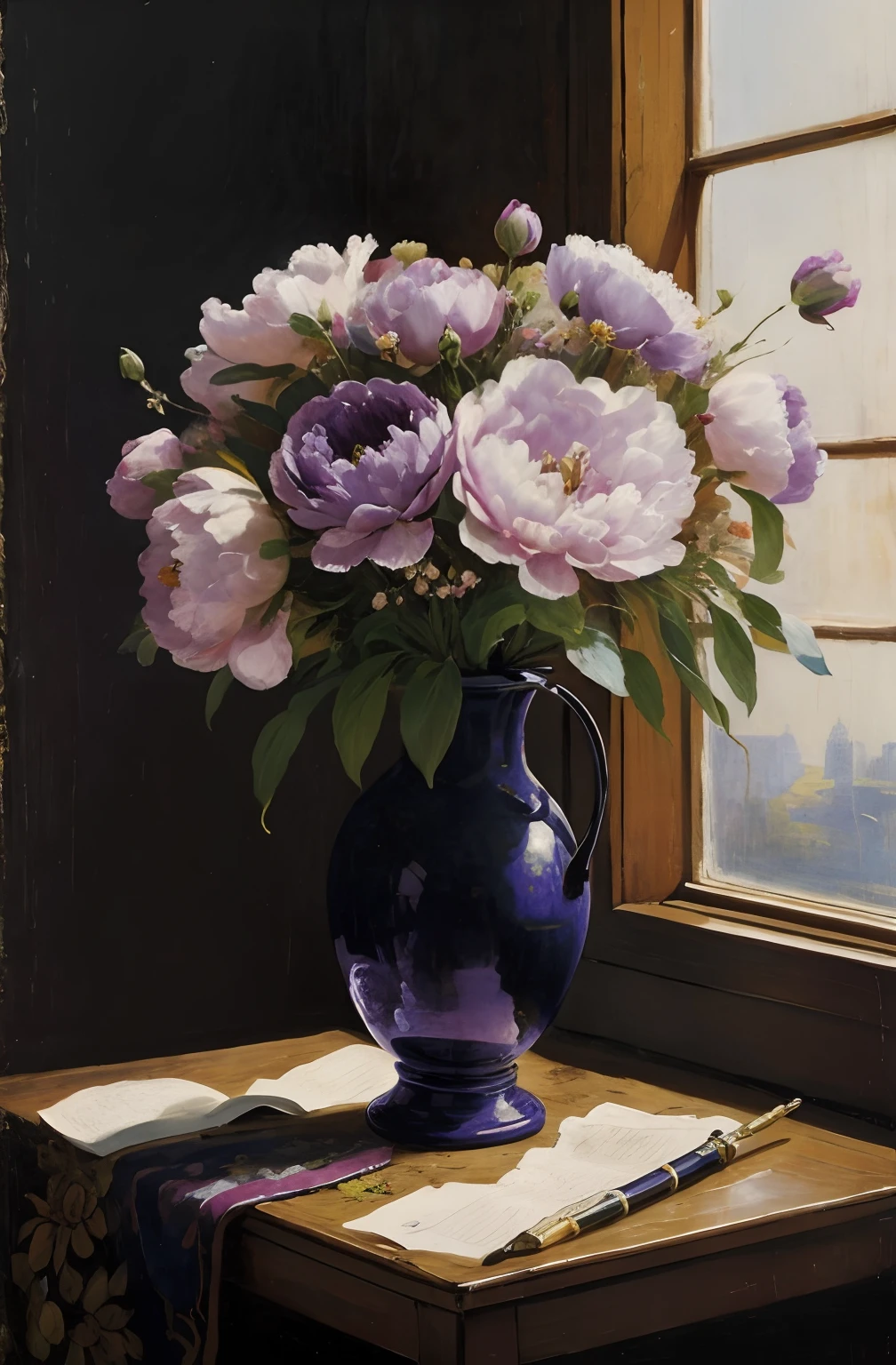 there is a vase with flowers in it sitting on a table, Envuelto en terciopelo y flores, atmospheric beautiful details, dark purple peonies in cinematic light, Pintura digital barroca, inspirado por Louis Buvelot, inspirado por Jean-Marc Nattier, Pintura barroca oscura, sergey zabelin, inspirado por Jan Lievens, inspired by François Boquet, Fondo de pintura de estilo barroco, oil painting, still life, ((nobody))