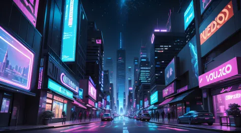 A futuristic landscape version of New York City, jazz feito de luz neon azul em uma rua escura e chuvosa de uma cidade cyberpunk. Ao seu redor, hologramas de notas musicais flutuam e brilham suavemente, cartoon