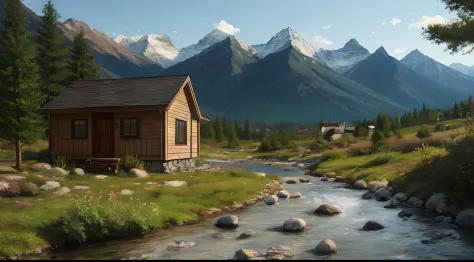 Painting a small house , With a creek, running crystal clear water, mountains in the background,Super realistic,8K