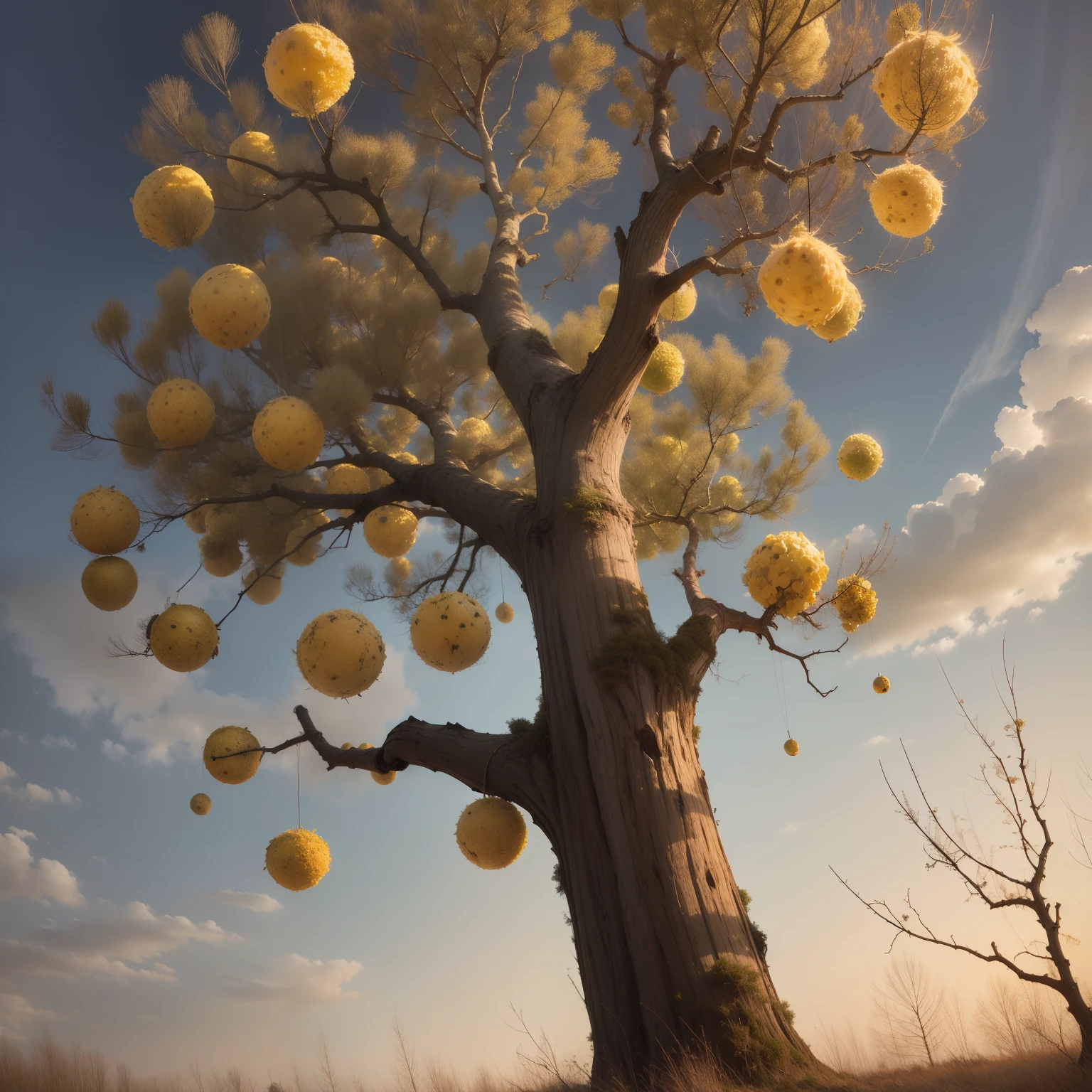 Viscum, Viscum on tree, Dead tree, Dry branches, dead branches, viscum on the branches, dry trees, dying yellow field, cloud gray sky, (((viscum balls))), old field