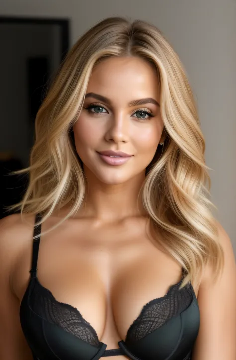 Blonde woman in black bra top posing for a photo in a studio