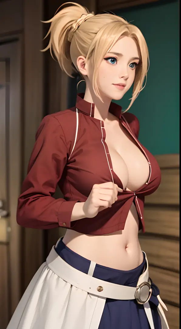 Zenith, 1girl, solo,  blue_eyes, blonde_hair,  smile,  large_breasts, parted_bangs, bangs, ponytail, red_shirt, shirt_pull, pulled_by_self, open_shirt,  partially_unbuttoned, smirk, seductive_smile, cleavage, (paizuri_invitation, girl pulling open her own ...