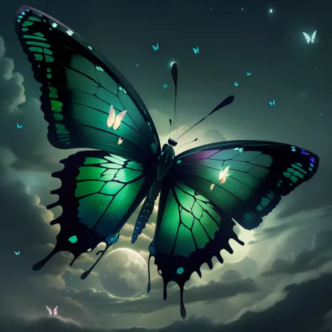 (((Moonlight Butterfly))), Green butterfly, Giant butterfly, Butterfly wings, Butterfly fly, Giant green butterfly in night star sky, Magic Butterfly, Dark souls boss moonlight butterfly,