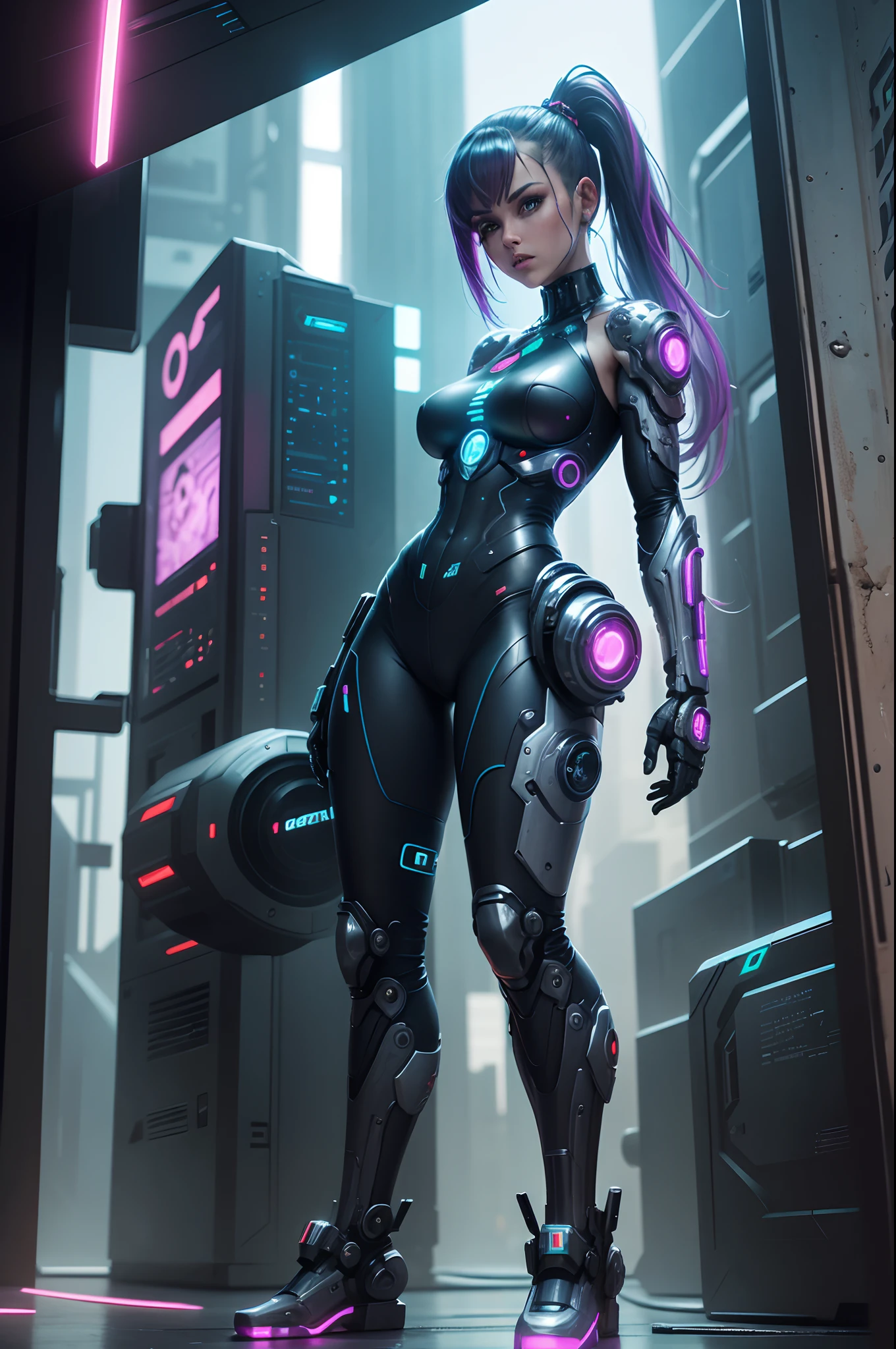 Garota cyberpunk, Cybernate, viele kybernetische im Körper, Arme und Beine, Zu viele filmische Details