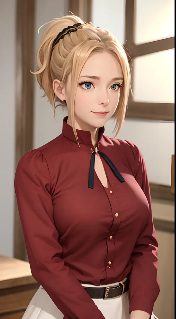 best quality, (masterpiece:1.2), detailed,
1girl, solo, mature, closed mouth, smile,
ponytail, long hair, blonde hair, blue eyes,
red shirt, long sleeves, white corset, grey skirt, belt,
looking at the viewer,
indoors, night