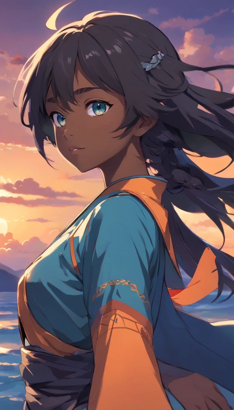 A dark-skinned teenage girl, black hair with ponytail, which is fastened with a yellow ribbon, light blue eyes, (Black Tribal Costume) (Black cuffs with orange highlight) their pupils are equal to those of lizards, light blue round lenses, black colored clothes. (Black Dragon Tail 0.6)