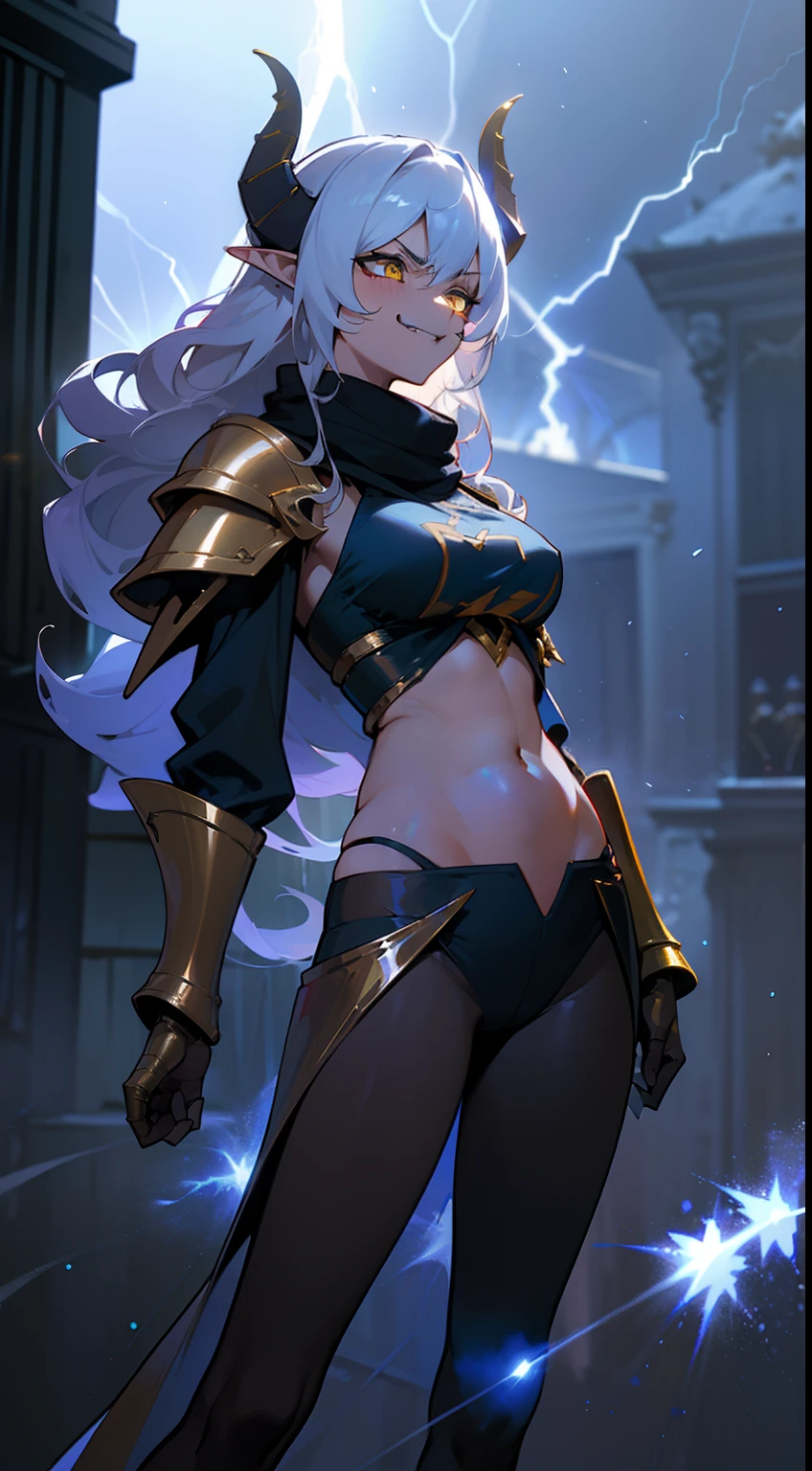 girl,brown skin, hidden arms,long hair, white hair,curly hair,yellow eyes,(((villain,psycho,villain smile, psychopath, angry))), medium boobs,show belly,,gold armor outfit,long black stockings, detailed clothes, masterpiece, hyper realistic, high definition,black horns,black pantyhose,elves ears,yellow scarf (((standing inside of a mansion in night))),(((lightning blue surrounding, glistening blue sparks,lightnings on body)))