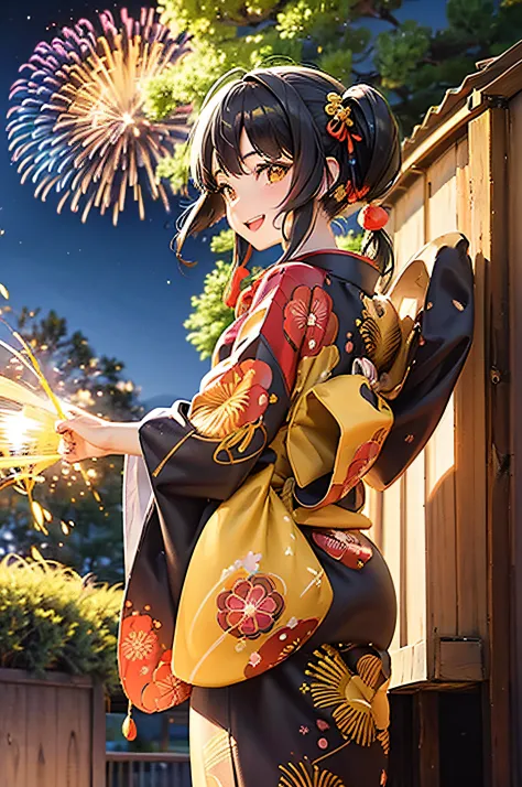 (masterpiece), (highres), black hair, yellow eyes, twintails, wearing traditional japanese clothes, fireworks in the background,...