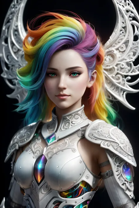 A closeup of a woman with rainbow-colored hair, intrincada armadura de opala iridescente, arte de fantasia digital ), arte de fa...