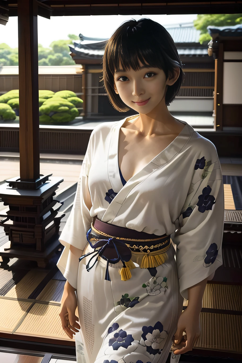 （шедевр、высшее качество、высокое качество изображения）、1 девушка в、соло、Студентка колледжа в Японии、брюнет、черные глаза、короткие волосы、красивое лицо、челка、улыбка、Япония Танабата узор юката、Крыльцо японского дома、Наслаждайтесь японскими бенгальскими огнями、Танабата украшение Японии в саду、ночь、Летние традиции、прохладный、