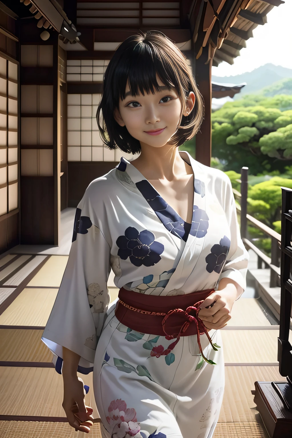 （obra-prima、qualidade máxima、qualidade de imagem de alto nível）、1 garota em、só、Universitária no Japão、morena、olhos pretos、cabelo curto、rosto bonito、franja、Sorriso、Japão Tanabata padrão yukata、Varanda de uma casa no Japão、Aproveite os estrelinhas do Japão、Decoração Tanabata do Japão no jardim、noite、Tradições de verão、legal、