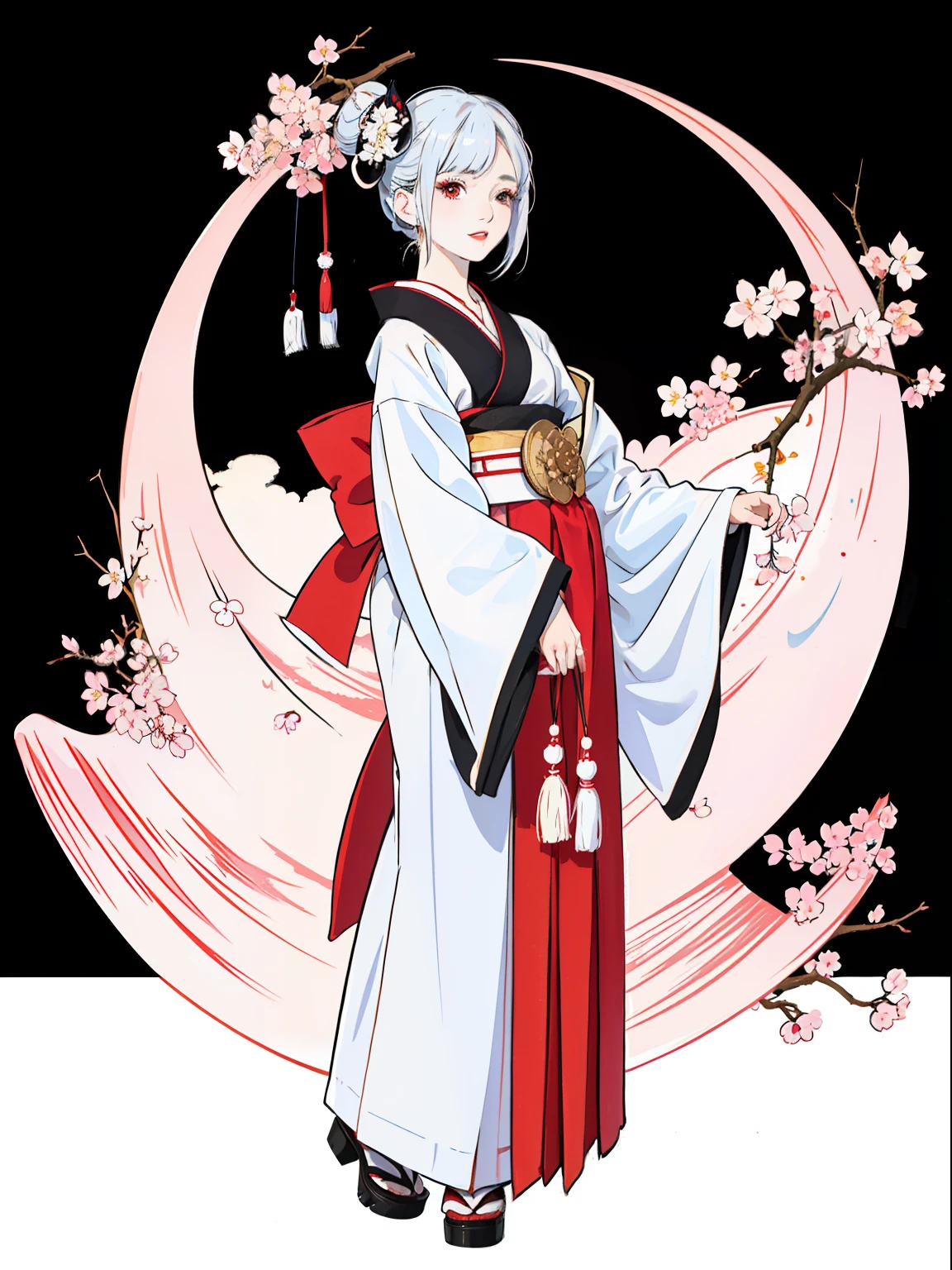 masterpiece,best quality, 1girl, With traditional Japanese clothing, (geisha outfit), white hair, with a sharp gaze, with variations in her hair, The cherry blossoms are falling, ((White clothes), a little cleavage visible, no background, ((black background)), ((full body))