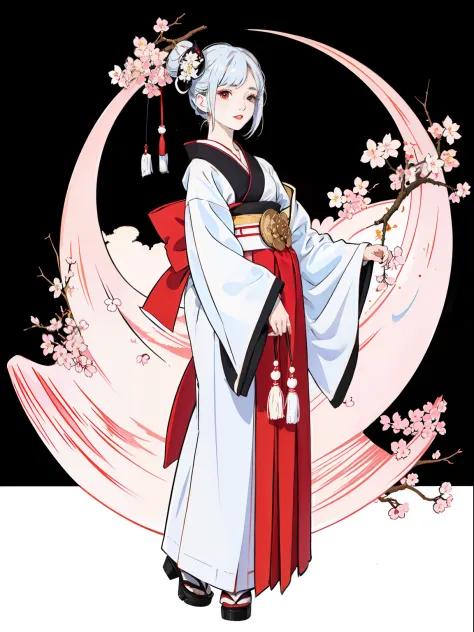 masterpiece,best quality, 1girl, With traditional Japanese clothing, (geisha outfit), white hair, with a sharp gaze, with variations in her hair, The cherry blossoms are falling, ((White clothes), a little cleavage visible, no background, ((black backgroun...