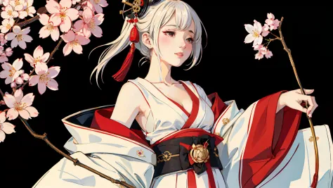 masterpiece,best quality, 1girl, With traditional Japanese clothing, (geisha outfit), white hair, with a sharp gaze, with variations in her hair, The cherry blossoms are falling, ((White clothes), a little cleavage visible, no background, ((black backgroun...