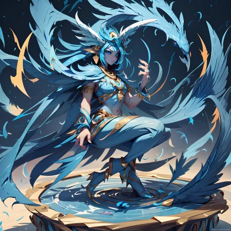 Djinn, blue feathers, multi glowing blue eyes, orange beak, blue wing-like apangeges with claws and glowing blue-white bands, ma...