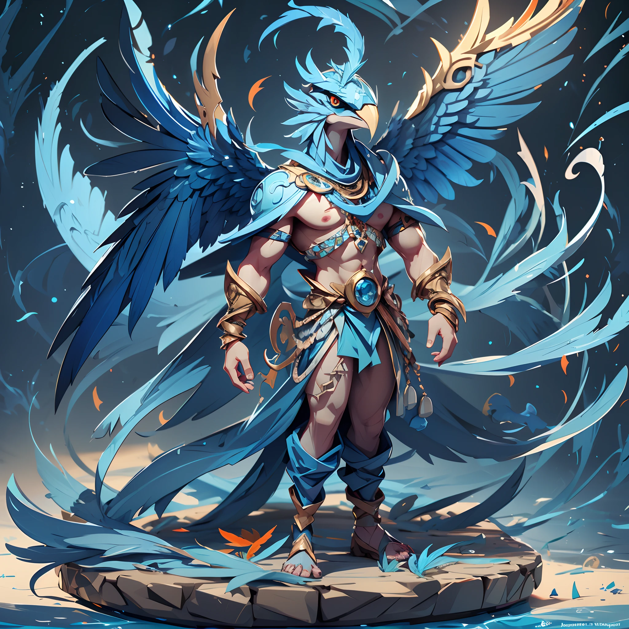 Djinn, blue feathers, multi glowing blue eyes, orange beak, blue wing-like apangeges with claws and glowing blue-white bands, masterpiece, best quality