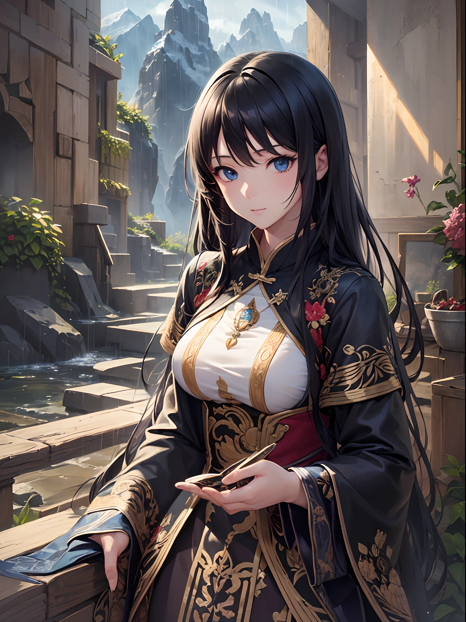 Anime girl in a black and gold outfit standing on a stone wall - SeaArt AI