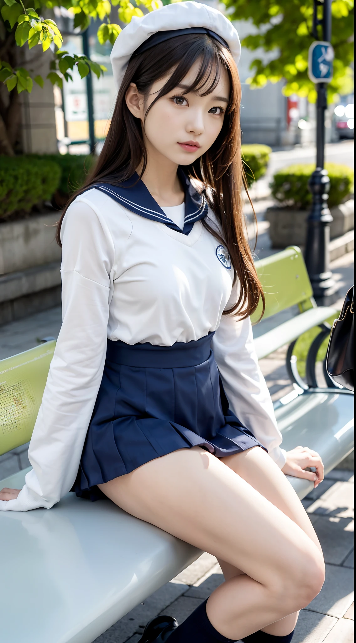 Arafed Asian Woman In Sailor Outfit Sitting On A Bench - Seaart Ai