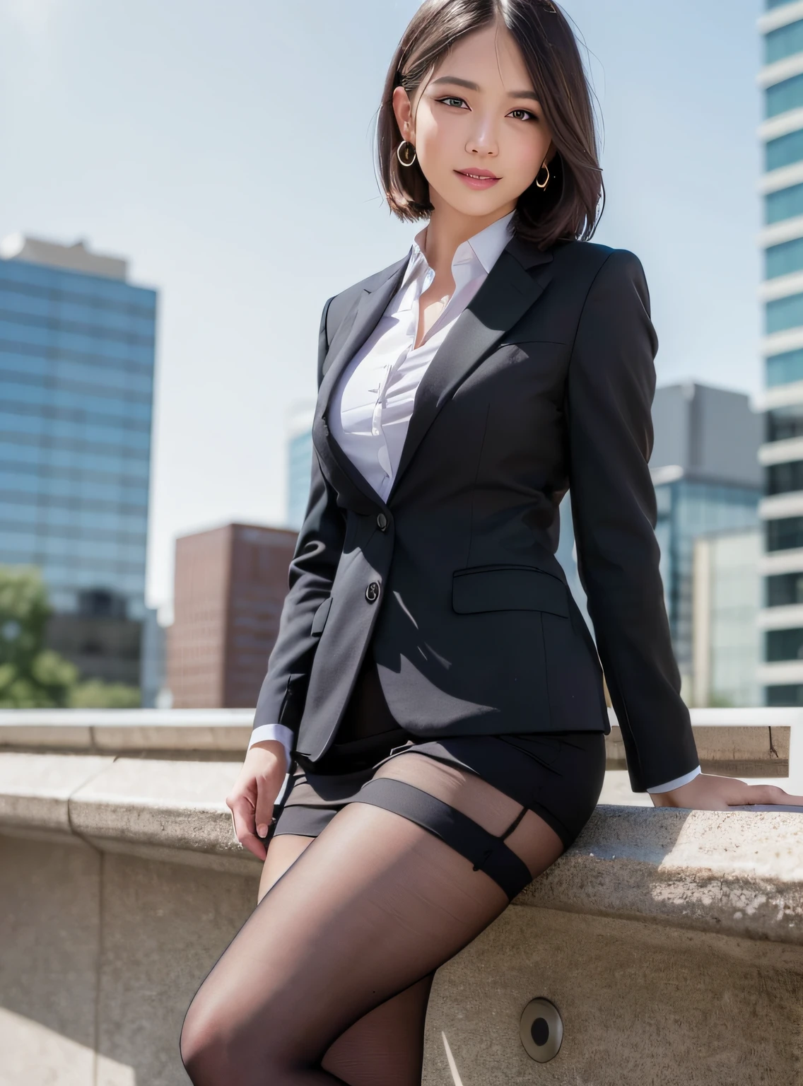 (8k, Best Quality, Masterpiece:1.2), (Realistic, Photorealistic:1.37), Ultra Detail, 1 Girl, Full Body, Outdoor, (Adjusted Hair:1.5) Office Lady, Black Office Blazer, Office Skirt, (pantyhose: 1.2), (short button-down shirt: 1.2), button-up collar prim, button-down collar prim, bra, (pantyhose: 1.2), alpha layer, high heels, beautiful earrings, cute, solo, beautiful detailed sky, (smile: 1.15), (closed mouth), small breasts, beautiful detailed eyes, business attire, (short hair: 1.2), floating hair NovaFrogStyle,