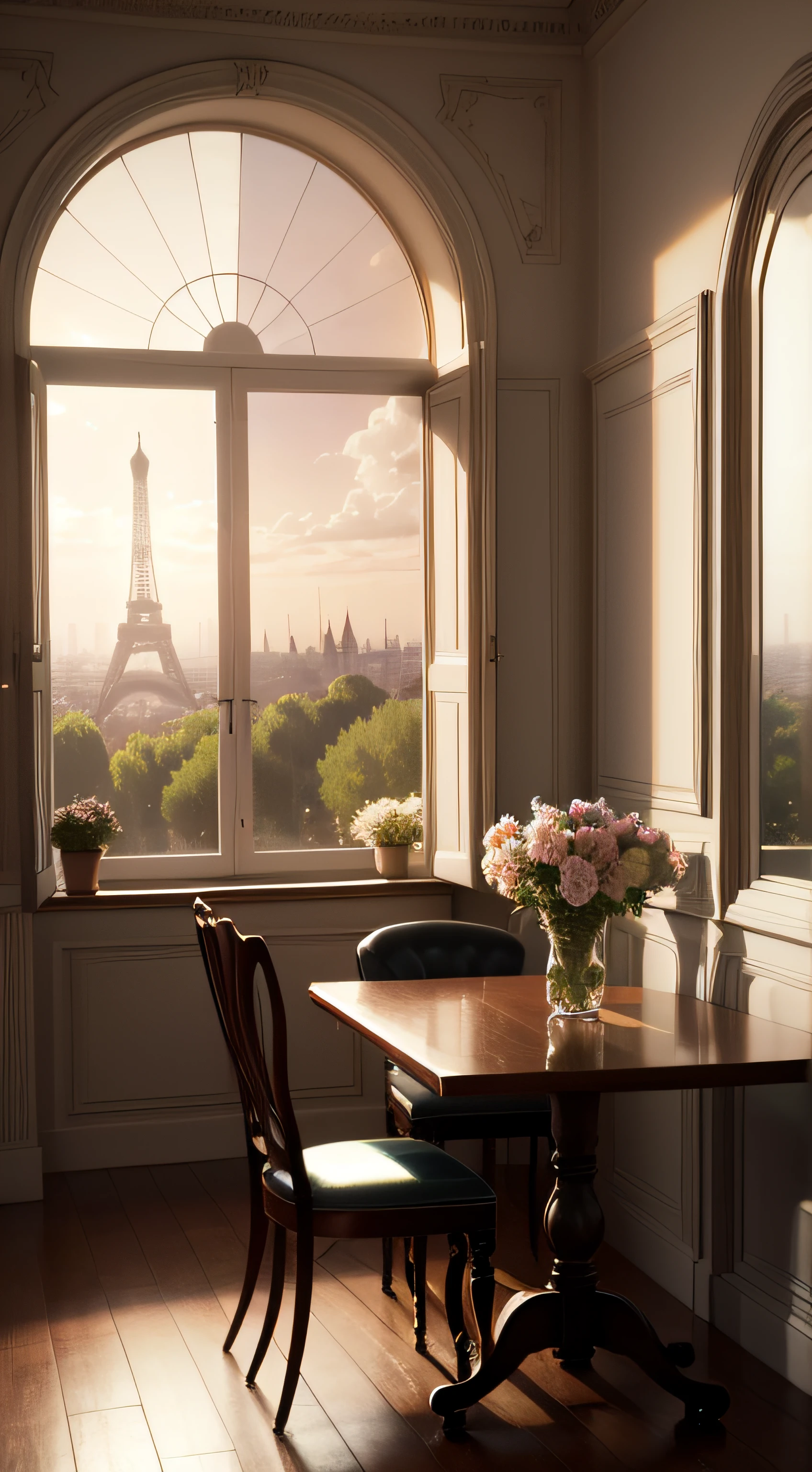 Interior space of a romantic and classic Parisian dining room decorated with many flowers, with several classic tables and chairs, Manteles elegantes con arreglos florales de varios colores en las mesas, Art Deco atmosphere with a large window through which you can see a tree and the Eiffel Tower, Elegant atmosphere, Muchos detalles, Lumion 8K Render, Renderizar la arquitectura del motor irreal, Muchos detalles, Romantic cinematic lighting in warm tones, Image in the style of an impressionist oil painting, Mucho, Manet Cézanne,