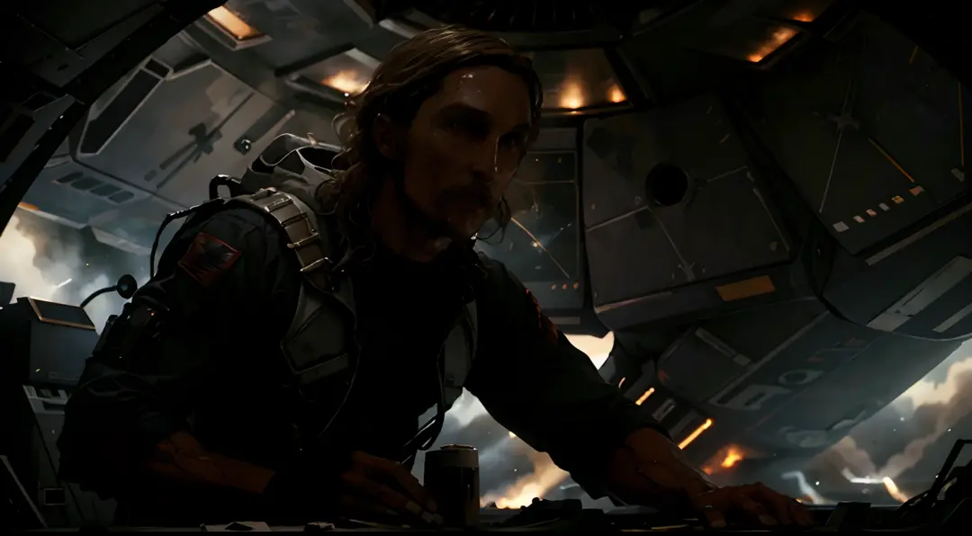 Dynamic image of Interstellar pilot Matthew McConaughey watching the Earth blow up from his spaceship. Detailed background of a spaceship, contrasting dynamic lighting, cinematic pose and composition