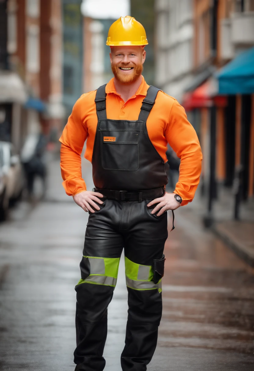 Arafed man in orange shirt and black overalls standing on street - SeaArt AI