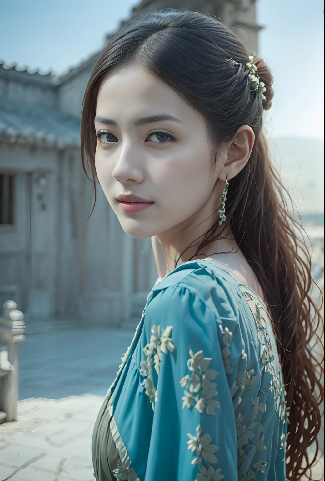 Une femme asiatique en robe bleue debout dans le sable., belle femme orientale, palais ， une fille en hanfu, une jeune femme comme Gengis Khan, inspiré par Zhang Yan, magnifique modèle chinois, Inspiré par Lan Ying, femme chinoise, Chinoise, une belle impératrice fantastique, reine de la mer Mu Yanling, belle femme asiatique, par Zhang Han