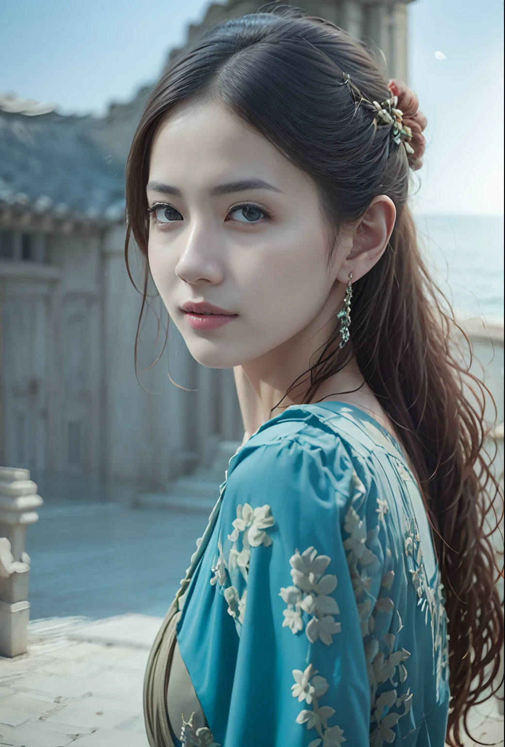 Une femme asiatique en robe bleue debout dans le sable., belle femme orientale, palais ， une fille en hanfu, une jeune femme comme Gengis Khan, inspiré par Zhang Yan, magnifique modèle chinois, Inspiré par Lan Ying, femme chinoise, Chinoise, une belle impératrice fantastique, reine de la mer Mu Yanling, belle femme asiatique, par Zhang Han