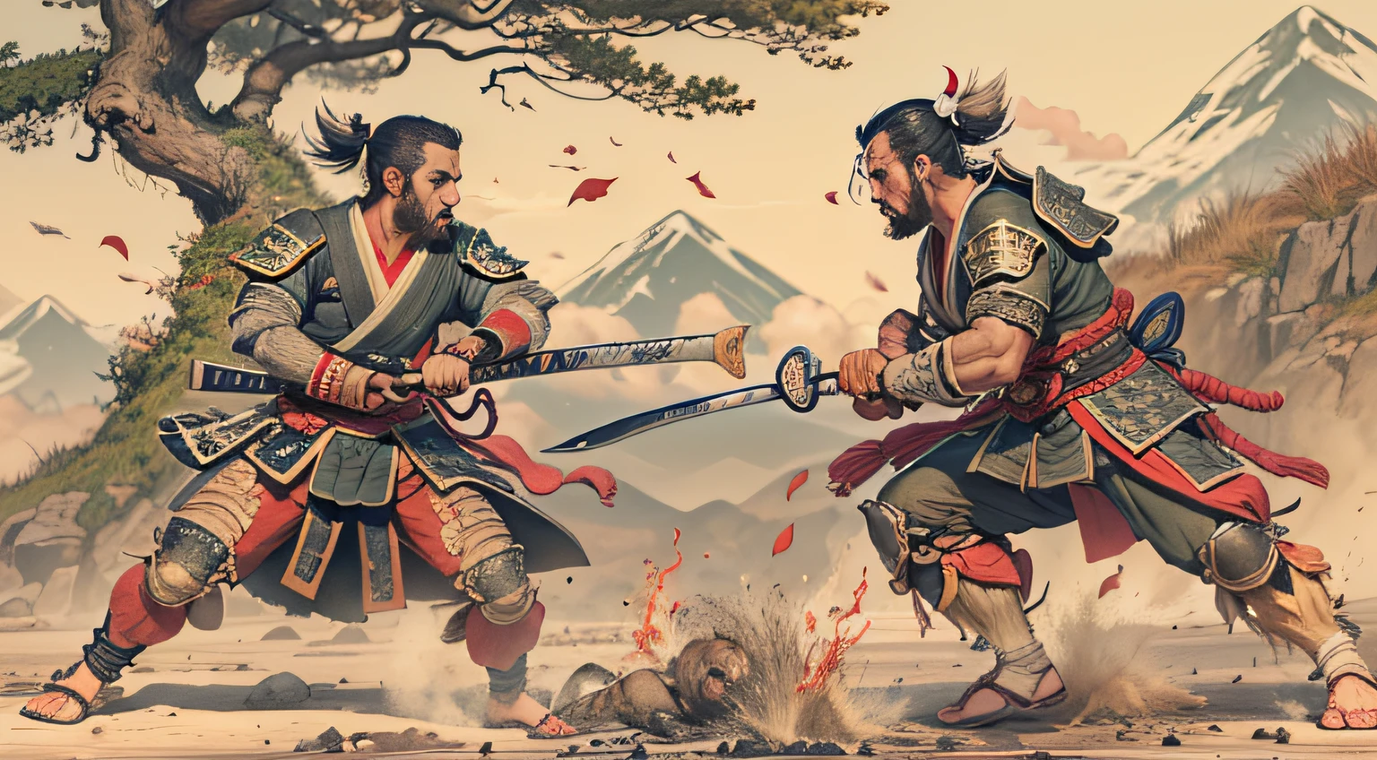 fight of two samurai fighting, with various wounds on the body, in a beautiful, stunning environment