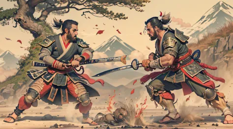 luta de dois samurais lutando, with various wounds on the body, em uma bela, ambiente deslumbrante