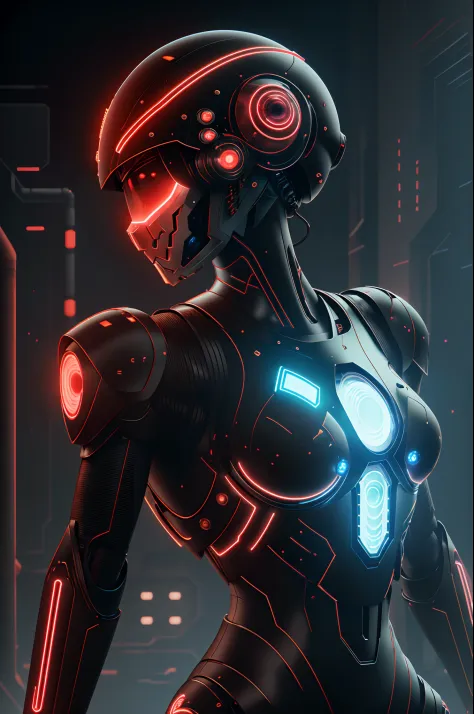 a close up of a mshn robot , futobot, cyborg ,  wearing  cyberhelmet, 6 glowing eyes , white female body and armor, mshn factory...