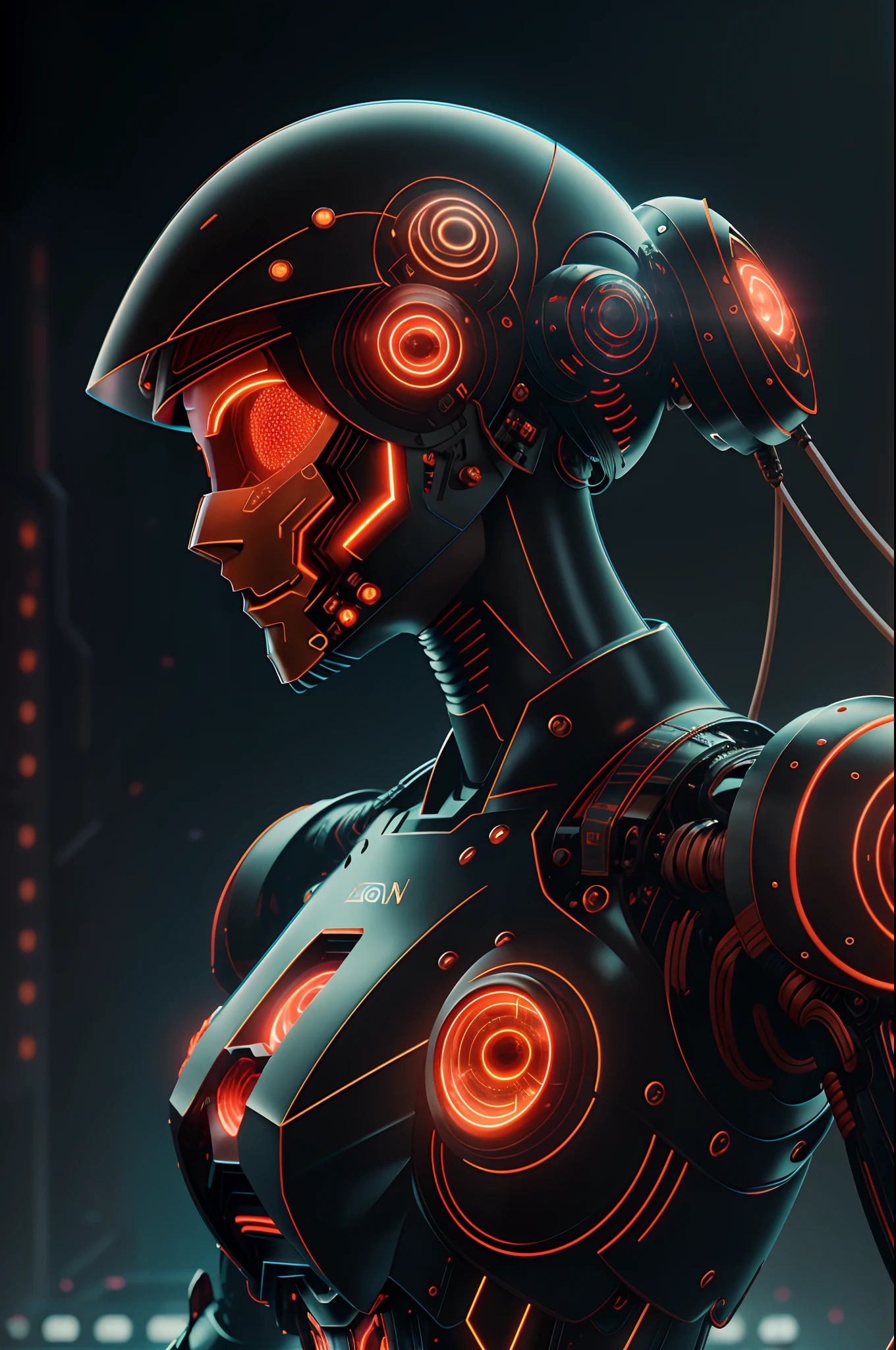 a close up of a mshn robot , futobot, cyborg ,  wearing  cyberhelmet, 6 glowing eyes , white female body and armor, mshn factory, tubes connected to neck, neon light
photorealistic, masterpiece, best quality, 35mm film, film grains, cyberpunk,EbonyGoldAI