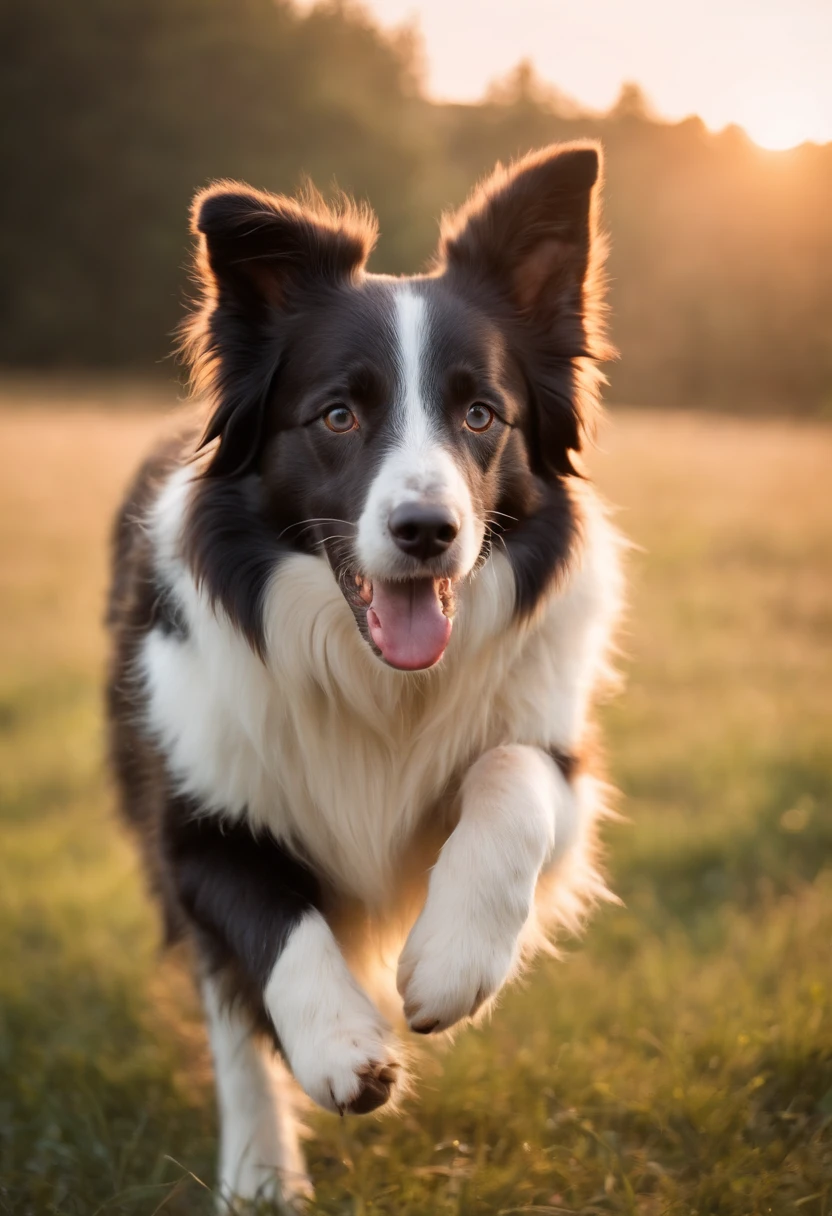 crie um border collie pastoreando ovelhas em um campo com a luz de final de tarde no fundo da imagem