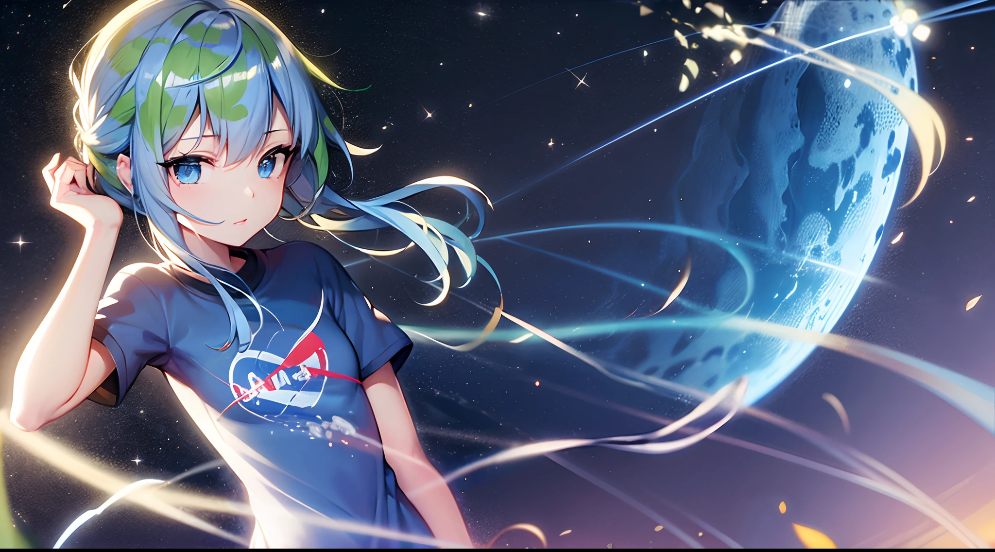 2D, master part, best quality, anime, Rosto altamente detalhado, olhos altamente detalhados, BLUE EYES ,Antecedentes altamente detalhados, perfect lighting, corpo inteiro, 1girl, sozinho, terra-chan, camiseta, seios pequenos, space, terra \(planeta\)