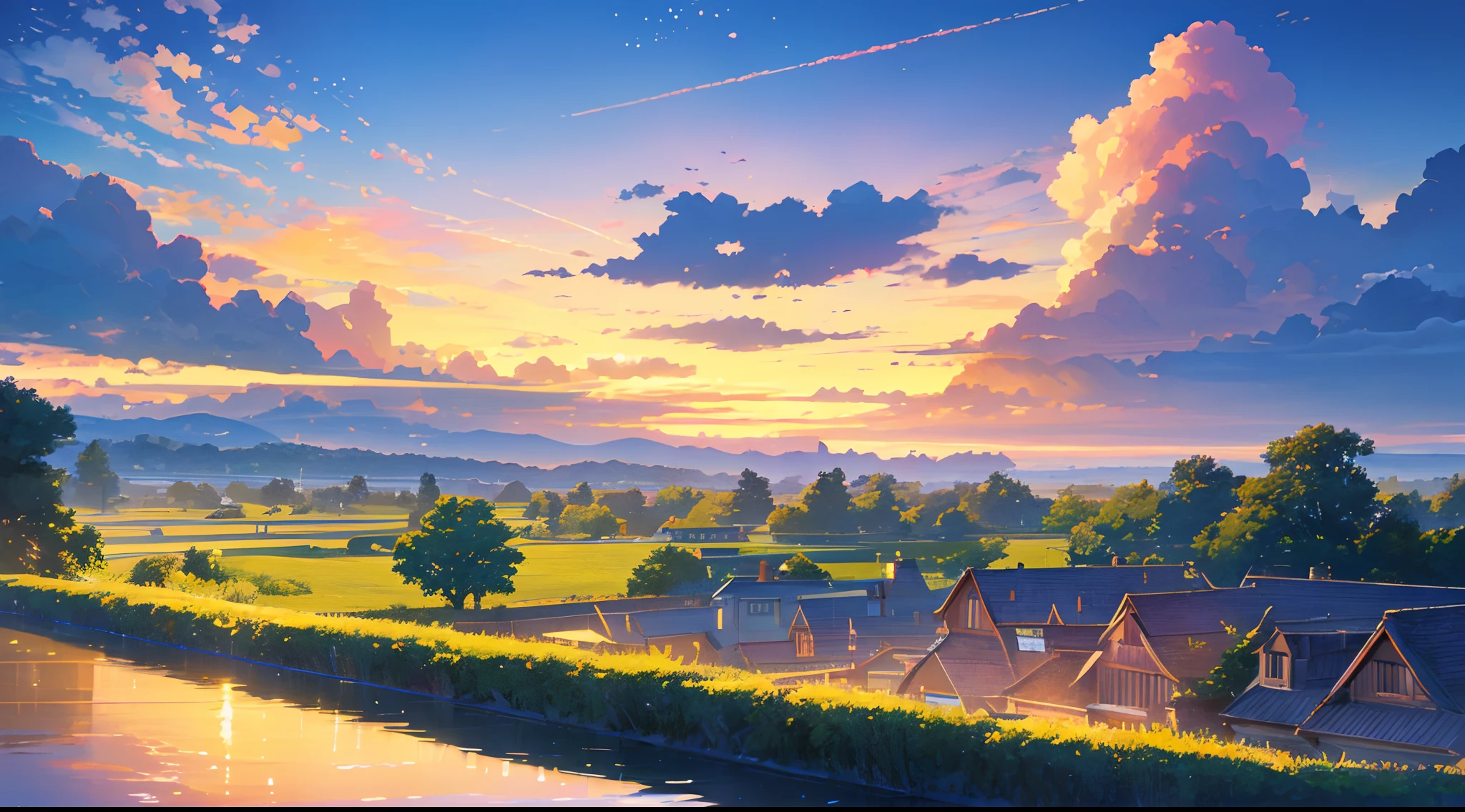 Wunderschöner Sommernachthimmel, dunkel, im Stil von Makoto Shinkai, Premium-Textur, kor, Sternenhimmel, reichhaltige Textur, Landschaft, schillernde Sterne