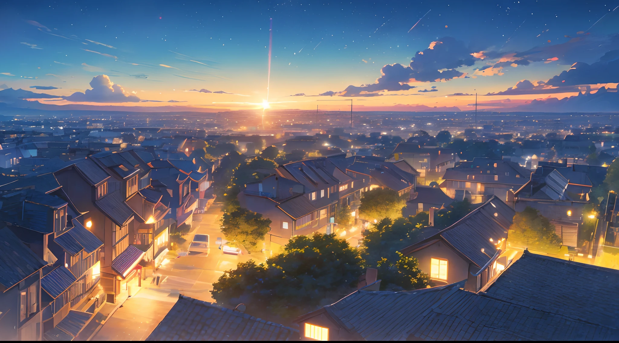 Beauti Céu noturno de verão, Skura, no estilo de Makoto shinkai, Textura premium, Cor, céu estrelado, textura rica, paisagem, Estrelas deslumbrantes