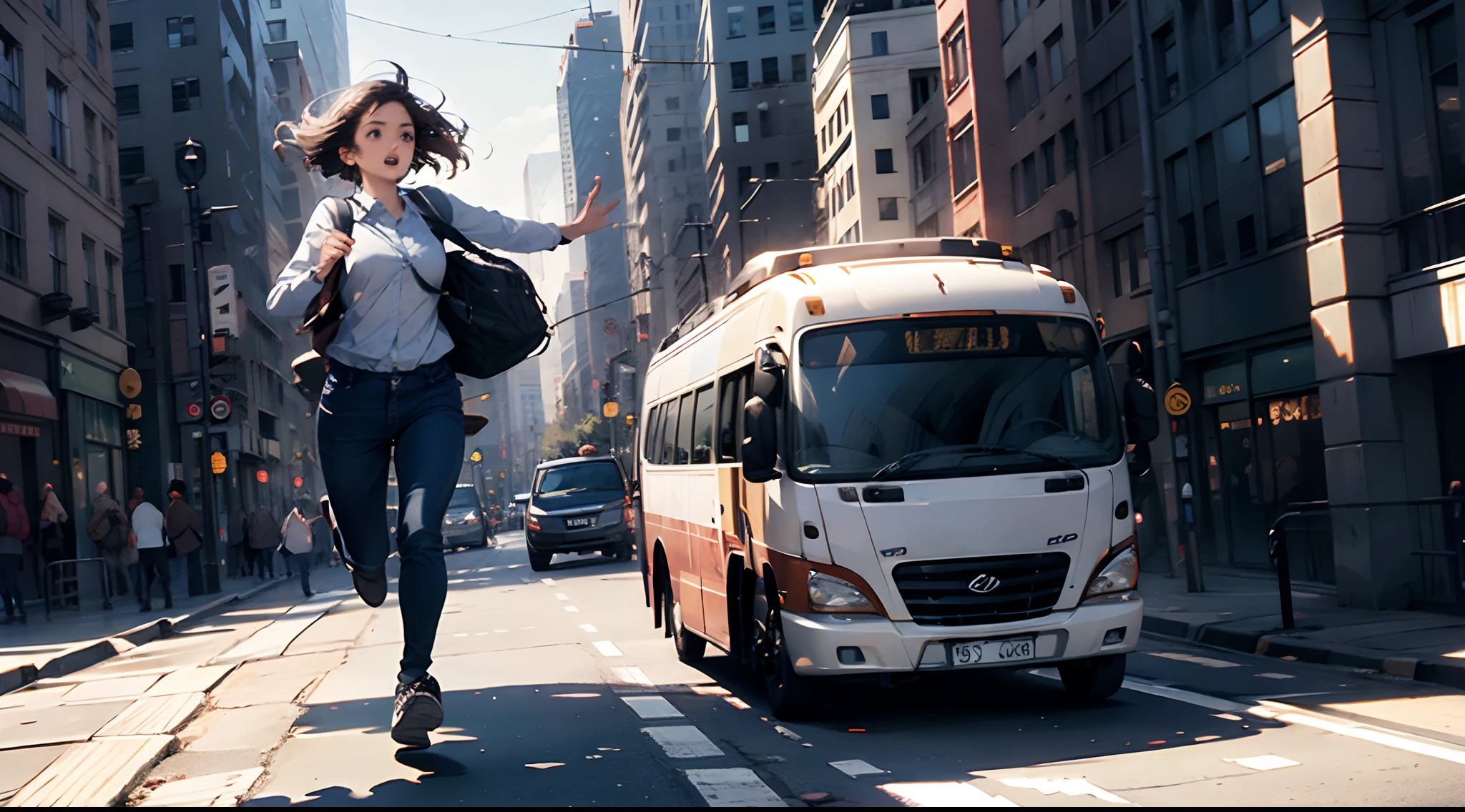 Une femme poursuit un bus, elle court, Essaie d'attraper le BUS, elle l'a raté.