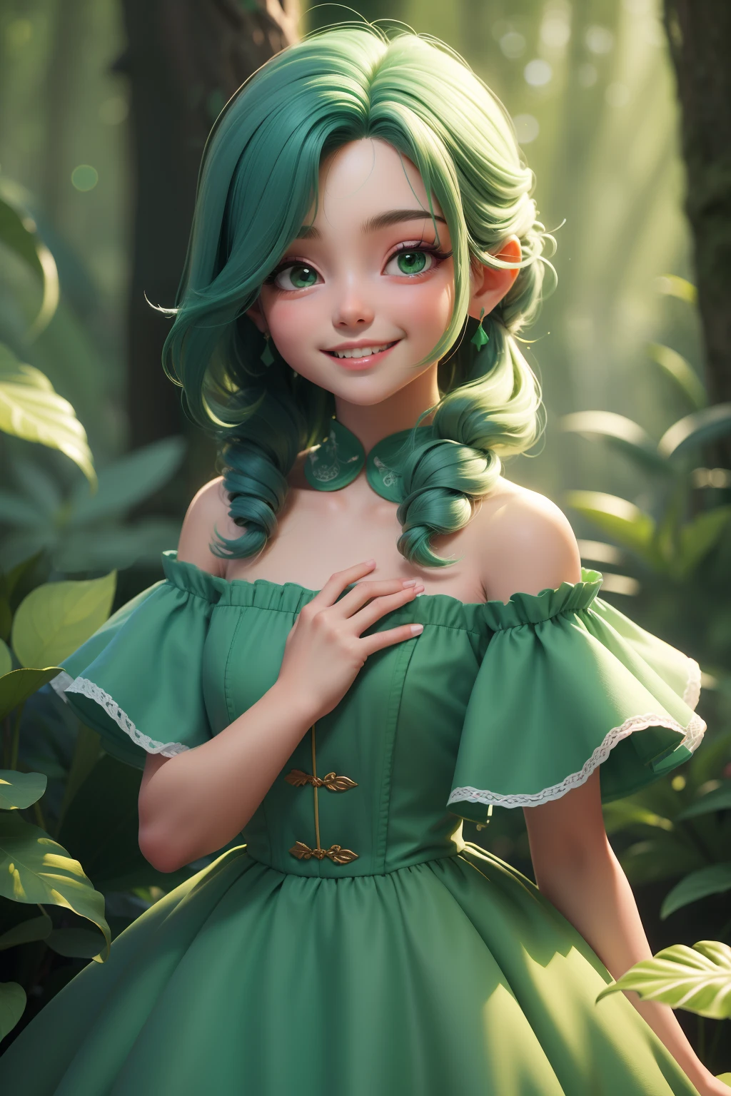 Estilo 3DMM, (obra-prima, melhor qualidade), detalhes intrincados, 1 garota, sozinho, cabelo verde, grampo de cabelo flor, vestido verde, olhando para o espectador, Sorriso simpático, em uma floresta de fantasia etérea!