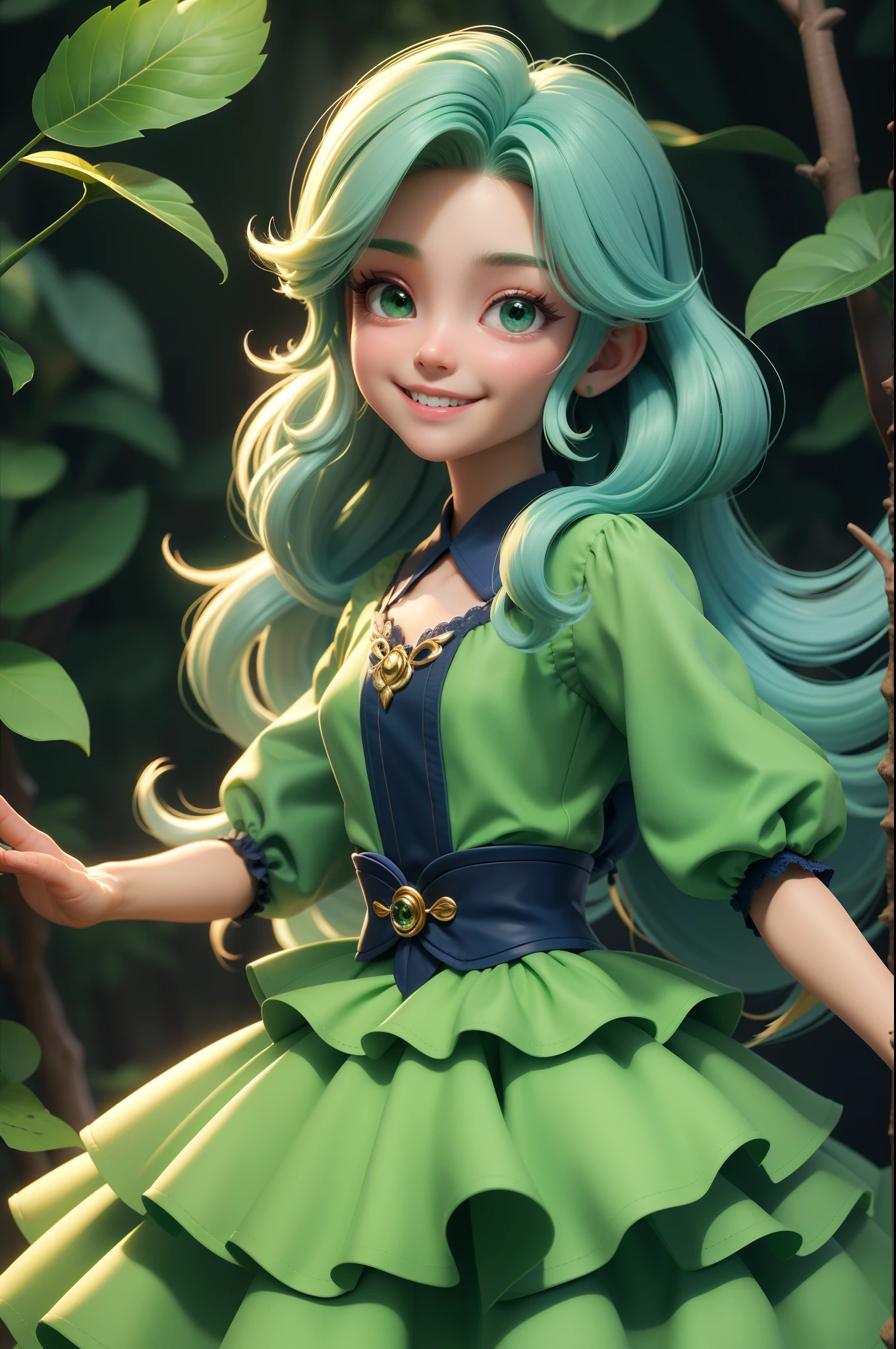 Estilo 3DMM, (Obra-prima, mejor calidad), detalles intrincados, 1 chica, solo, pelo verde, pinza para el cabello de flores, vestido verde, mirando al espectador, Sonrisa comprensiva, en un etéreo bosque de fantasía!